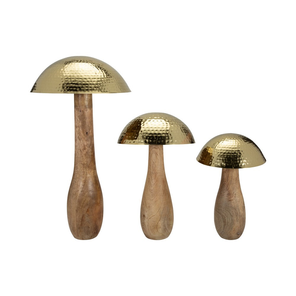 Mushroom Decor Sculpture | Hammered Gold Top | 16" Brown Mango Wood