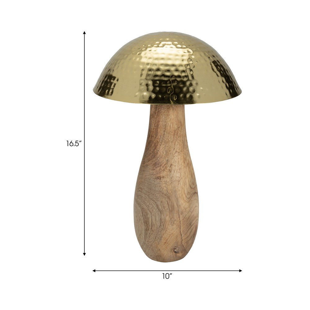 Mushroom Decor Sculpture | Hammered Gold Top | 16" Brown Mango Wood