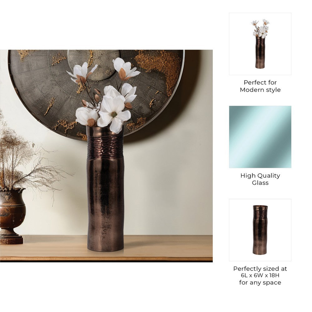 Decorative Flower Vase | Textured Enamel Bronze Glass | 18" Tall Cylinder
