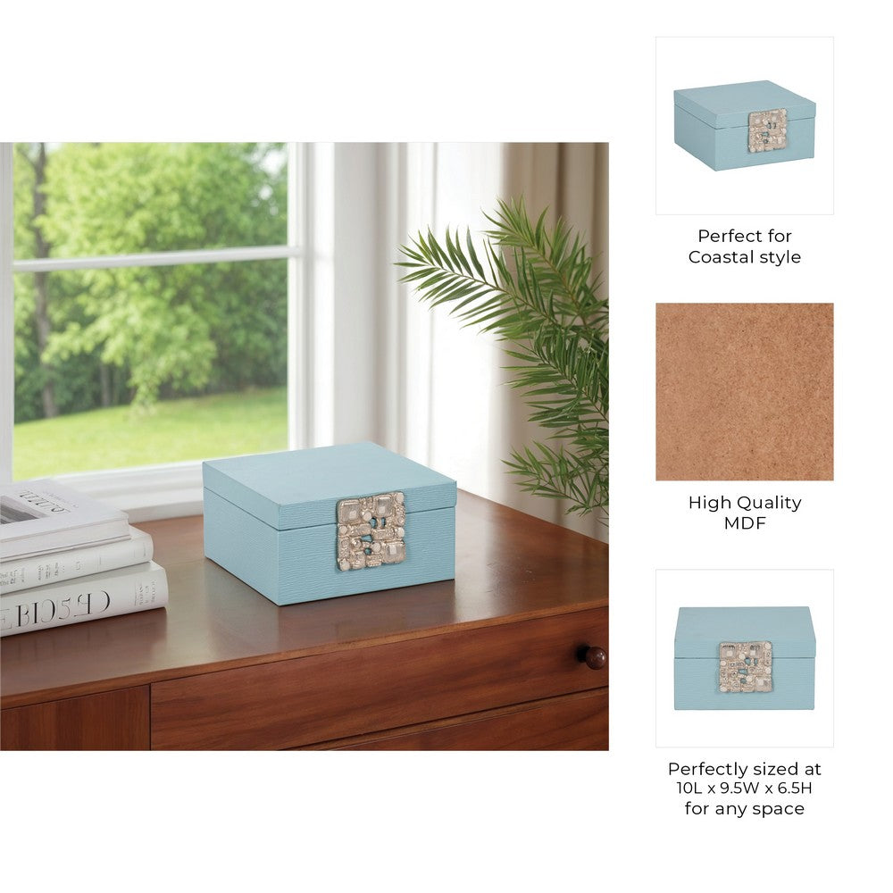 10" Faux Leather Decorative Storage Box w Accents | Blue & Silver