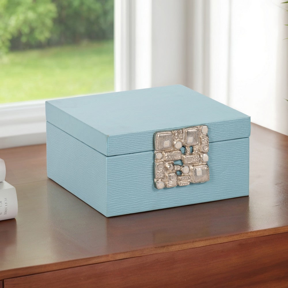 10" Faux Leather Decorative Storage Box w Accents | Blue & Silver
