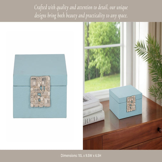 10" Faux Leather Decorative Storage Box w Accents | Blue & Silver