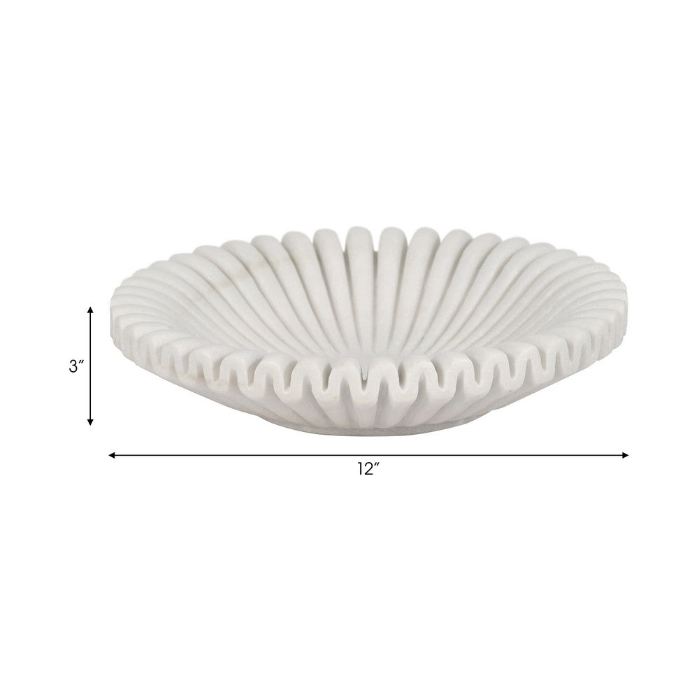 Decorative Accent Bowl | 12" Pleated Flower Shaped White Ceramic