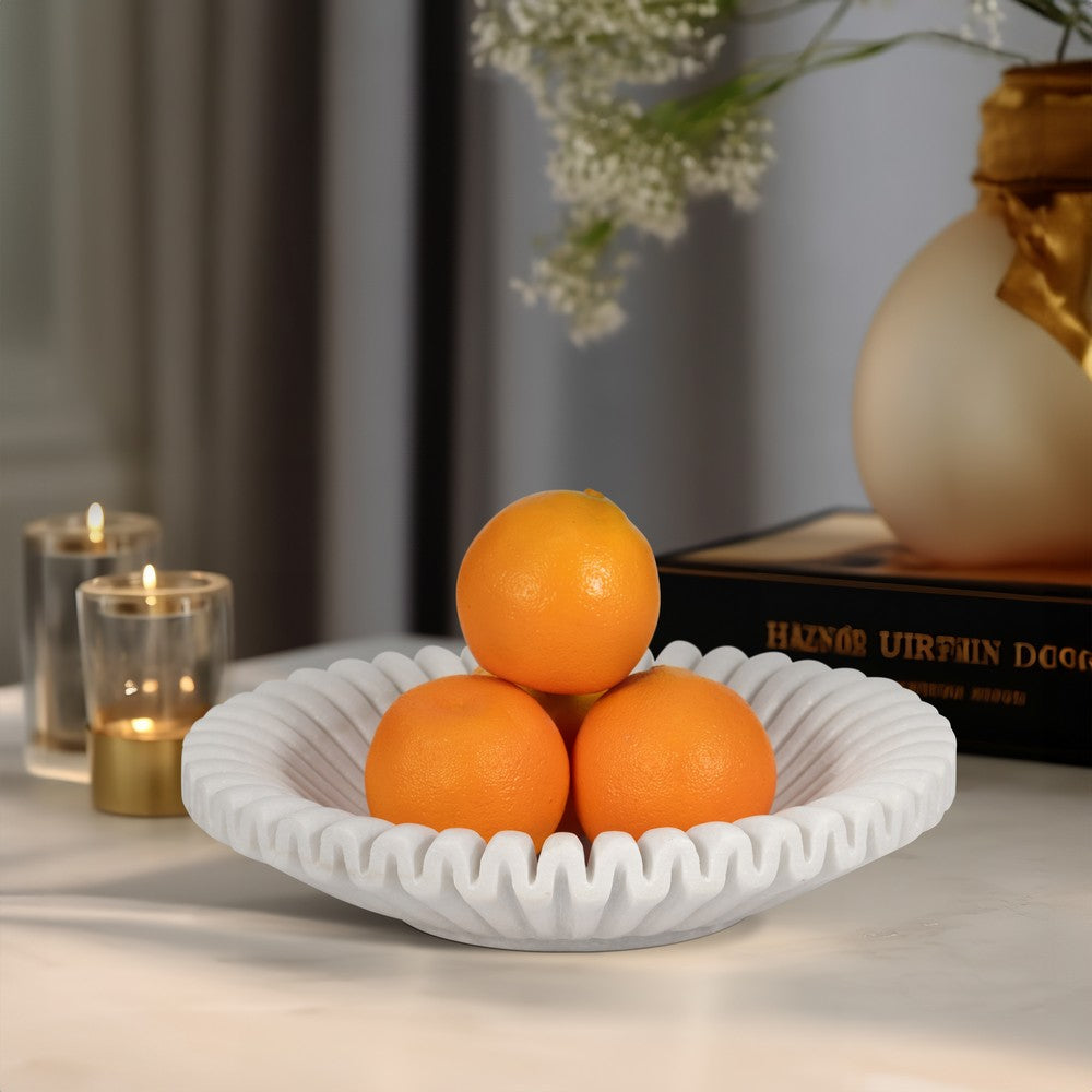 Decorative Accent Bowl | 12" Pleated Flower Shaped White Ceramic