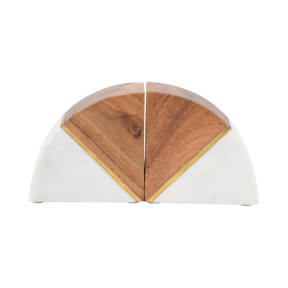 Crescent Bookends Set of 2 | Brass Accent | White Marble Natural Brown Wood
