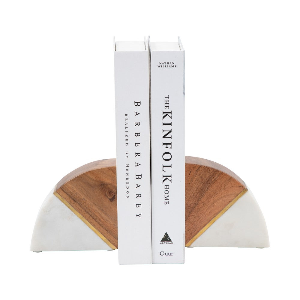 Crescent Bookends Set of 2 | Brass Accent | White Marble Natural Brown Wood