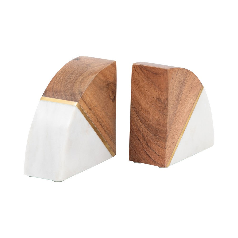 Crescent Bookends Set of 2 | Brass Accent | White Marble Natural Brown Wood