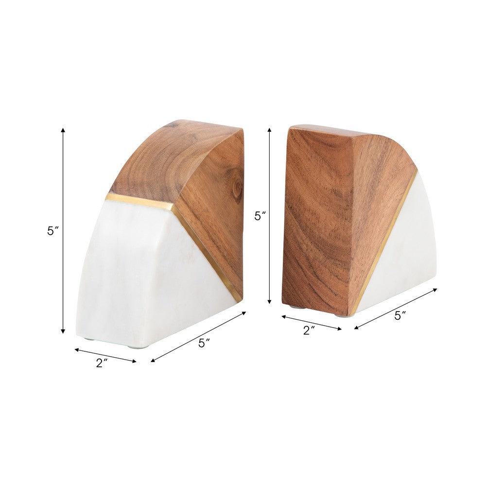 Crescent Bookends Set of 2 | Brass Accent | White Marble Natural Brown Wood