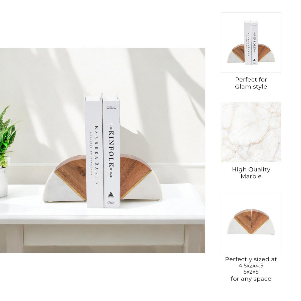 Crescent Bookends Set of 2 | Brass Accent | White Marble Natural Brown Wood