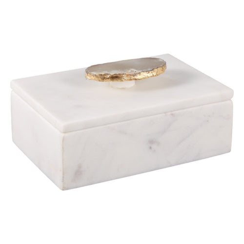 Decorative Jewelry Box with Gold Agate Top | 6" Luxe White Marble