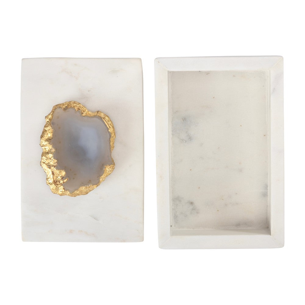 Decorative Jewelry Box with Gold Agate Top | 6" Luxe White Marble