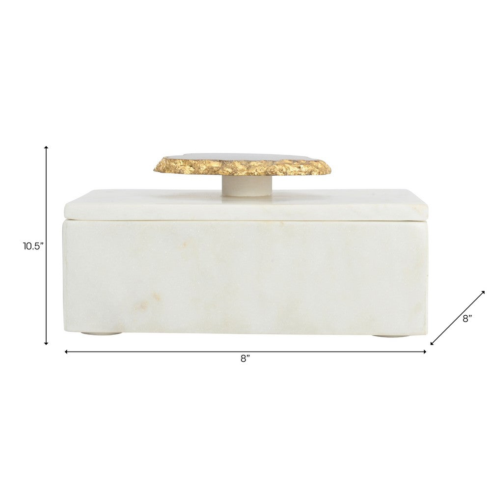 Decorative Jewelry Box with Gold Agate Top | 6" Luxe White Marble