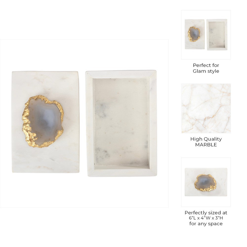Decorative Jewelry Box with Gold Agate Top | 6" Luxe White Marble