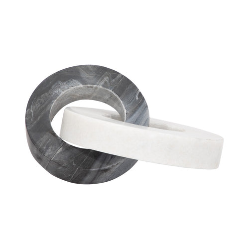 8" Tabletop Decor | Double Ring Sculpture | White Marble & Black Wood