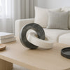 8" Tabletop Decor | Double Ring Sculpture | White Marble & Black Wood