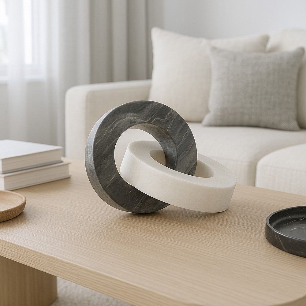 8" Tabletop Decor | Double Ring Sculpture | White Marble & Black Wood