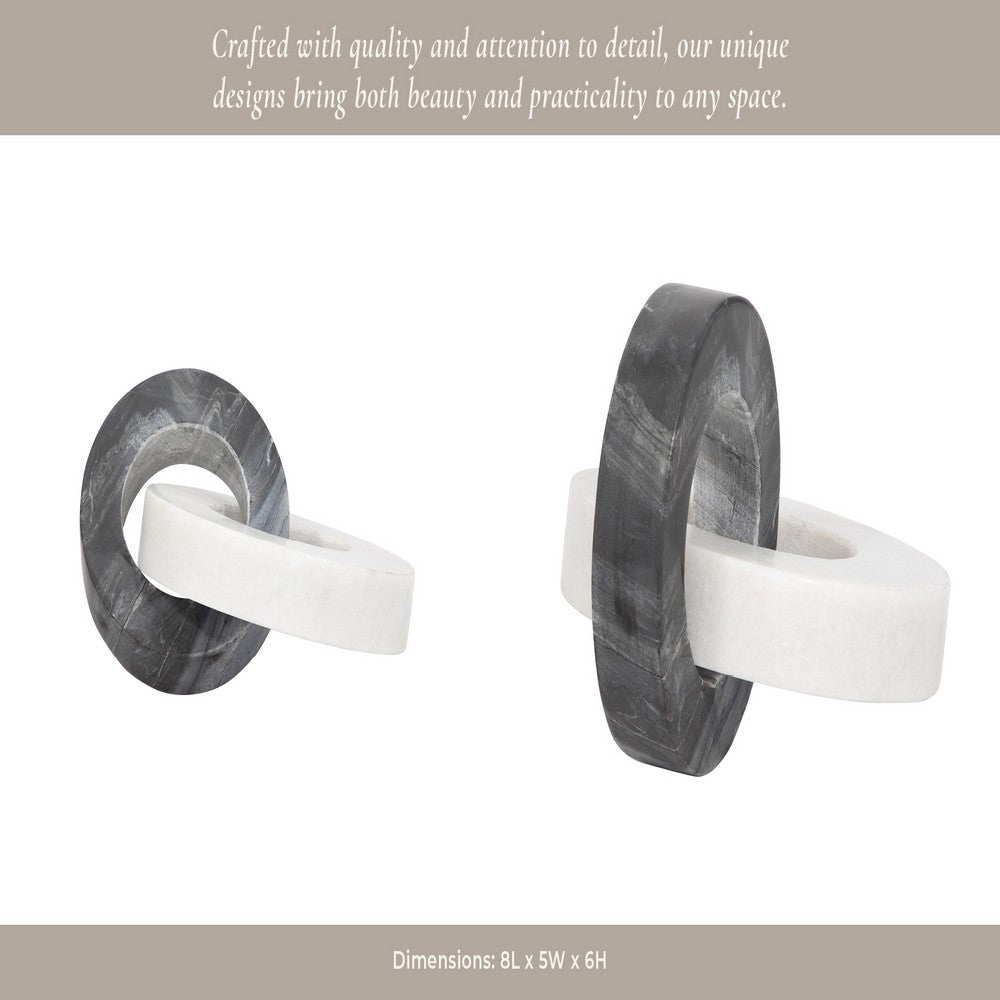 8" Tabletop Decor | Double Ring Sculpture | White Marble & Black Wood