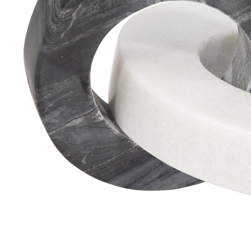 8" Tabletop Decor | Double Ring Sculpture | White Marble & Black Wood