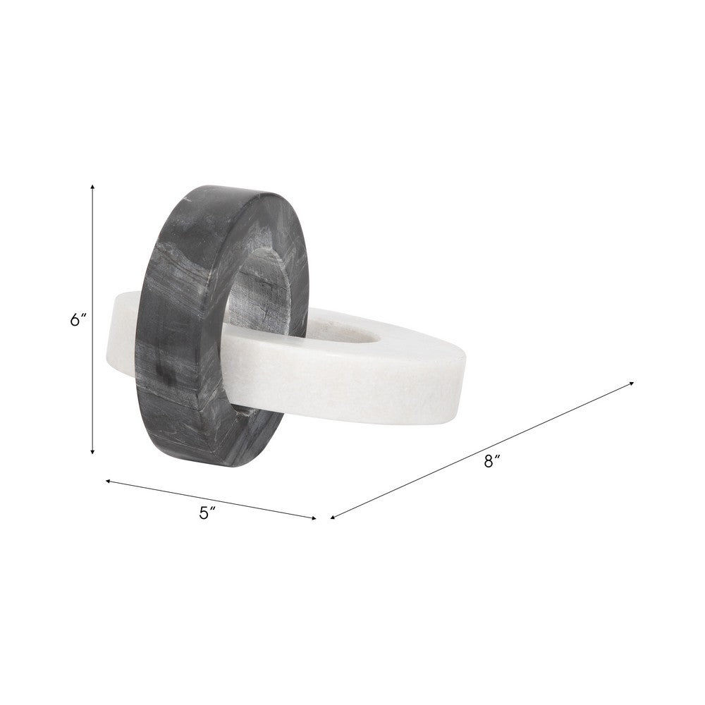 8" Tabletop Decor | Double Ring Sculpture | White Marble & Black Wood
