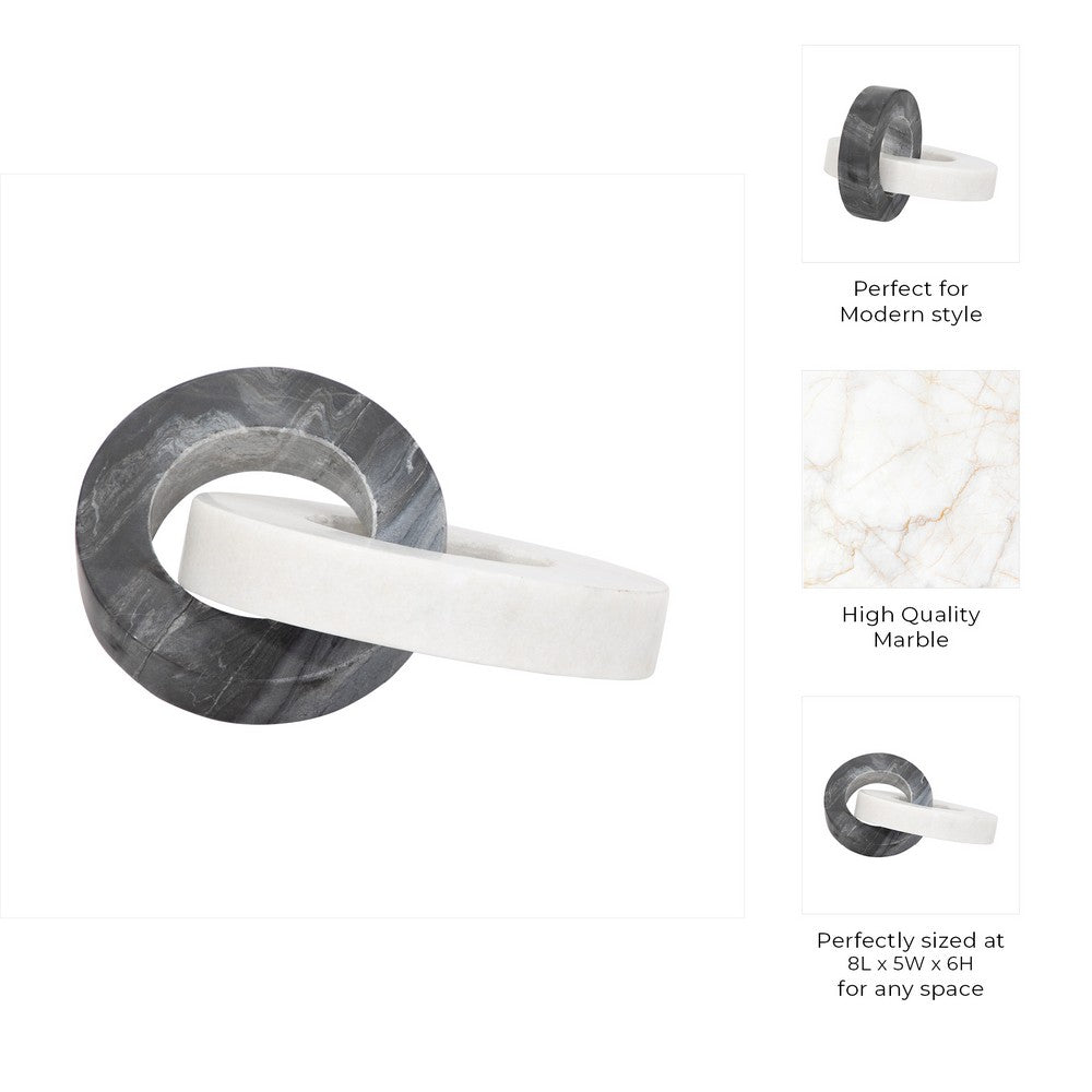 8" Tabletop Decor | Double Ring Sculpture | White Marble & Black Wood