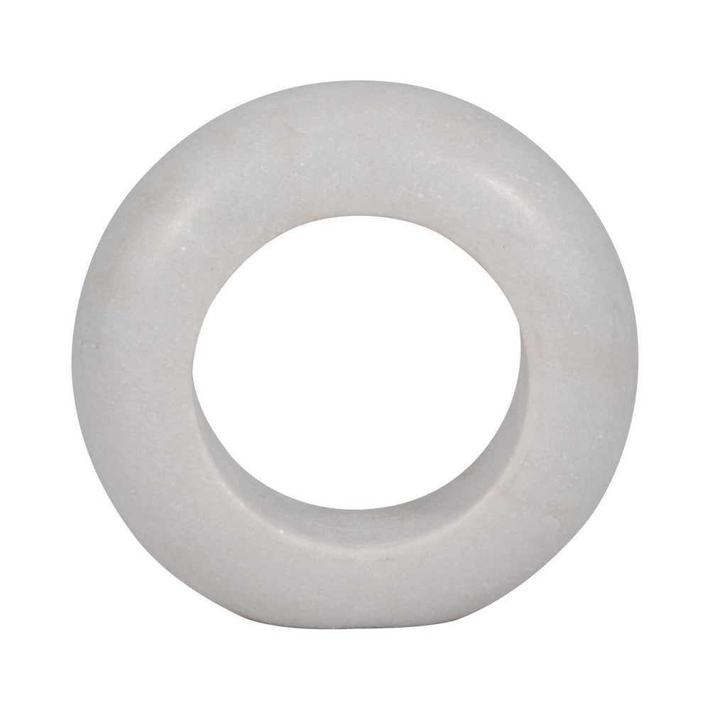 Abstract Tabletop Decor | 10" Round Ringlike Accent | White Marble | Wood