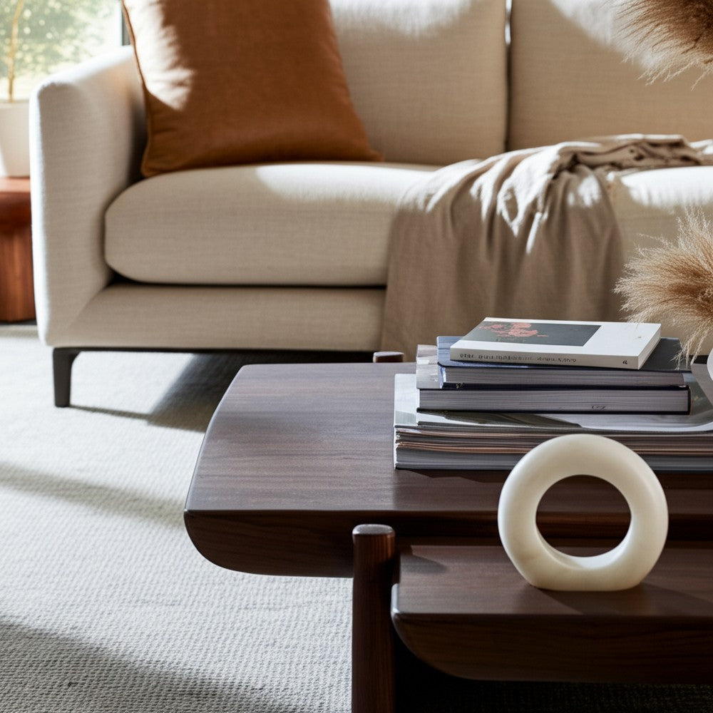 Abstract Tabletop Decor | 10" Round Ringlike Accent | White Marble | Wood