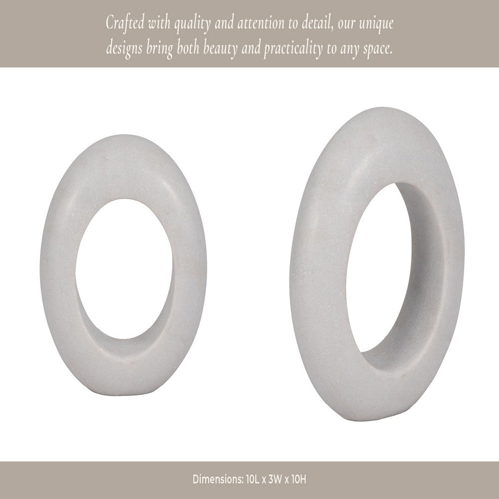 Abstract Tabletop Decor | 10" Round Ringlike Accent | White Marble | Wood