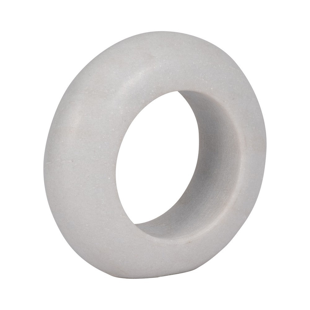 Abstract Tabletop Decor | 10" Round Ringlike Accent | White Marble | Wood