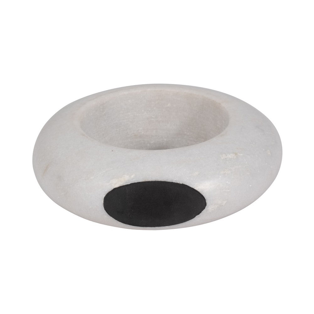 Abstract Tabletop Decor | 10" Round Ringlike Accent | White Marble | Wood