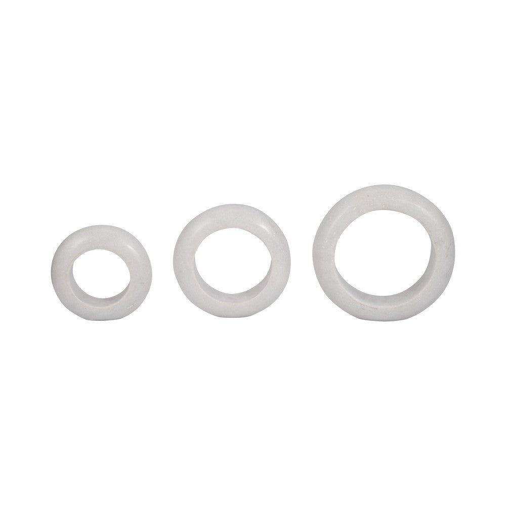 Abstract Tabletop Decor | 10" Round Ringlike Accent | White Marble | Wood
