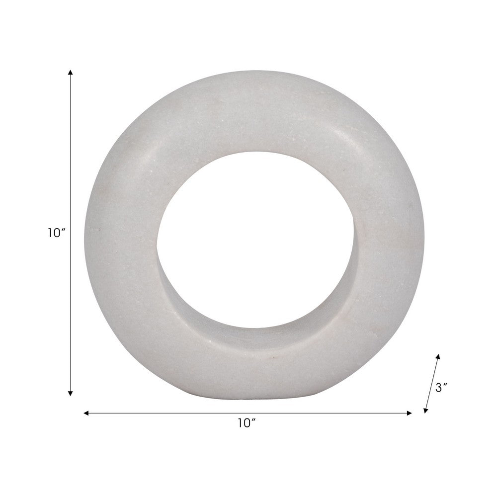 Abstract Tabletop Decor | 10" Round Ringlike Accent | White Marble | Wood