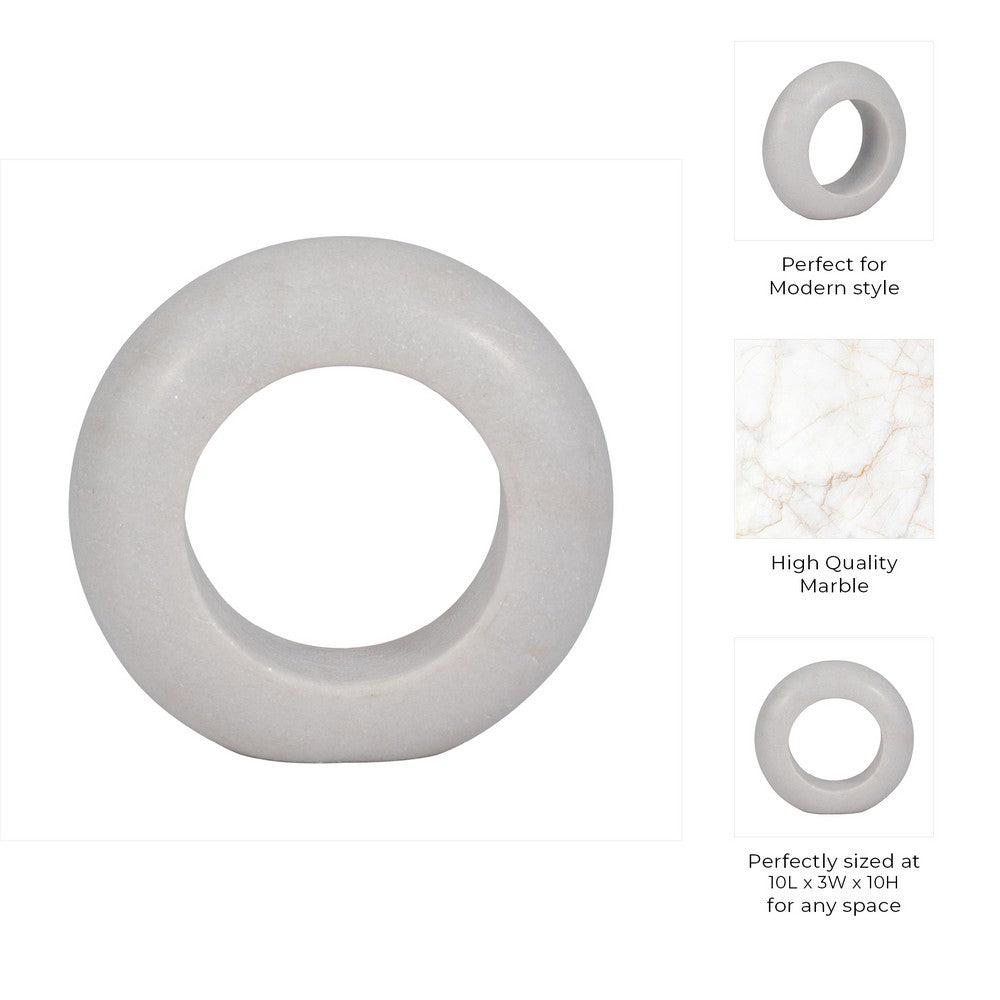 Abstract Tabletop Decor | 10" Round Ringlike Accent | White Marble | Wood