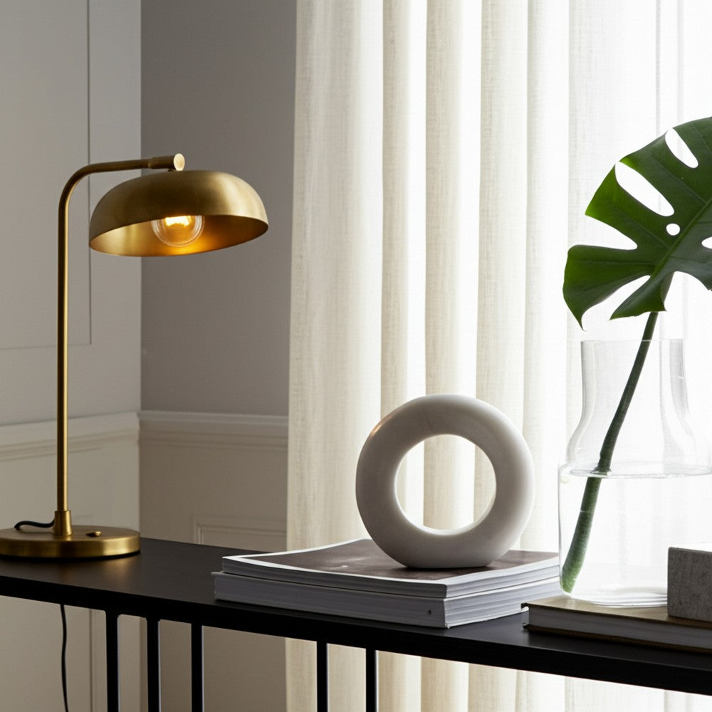 Abstract Tabletop Decor | 10" Round Ringlike Accent | White Marble | Wood