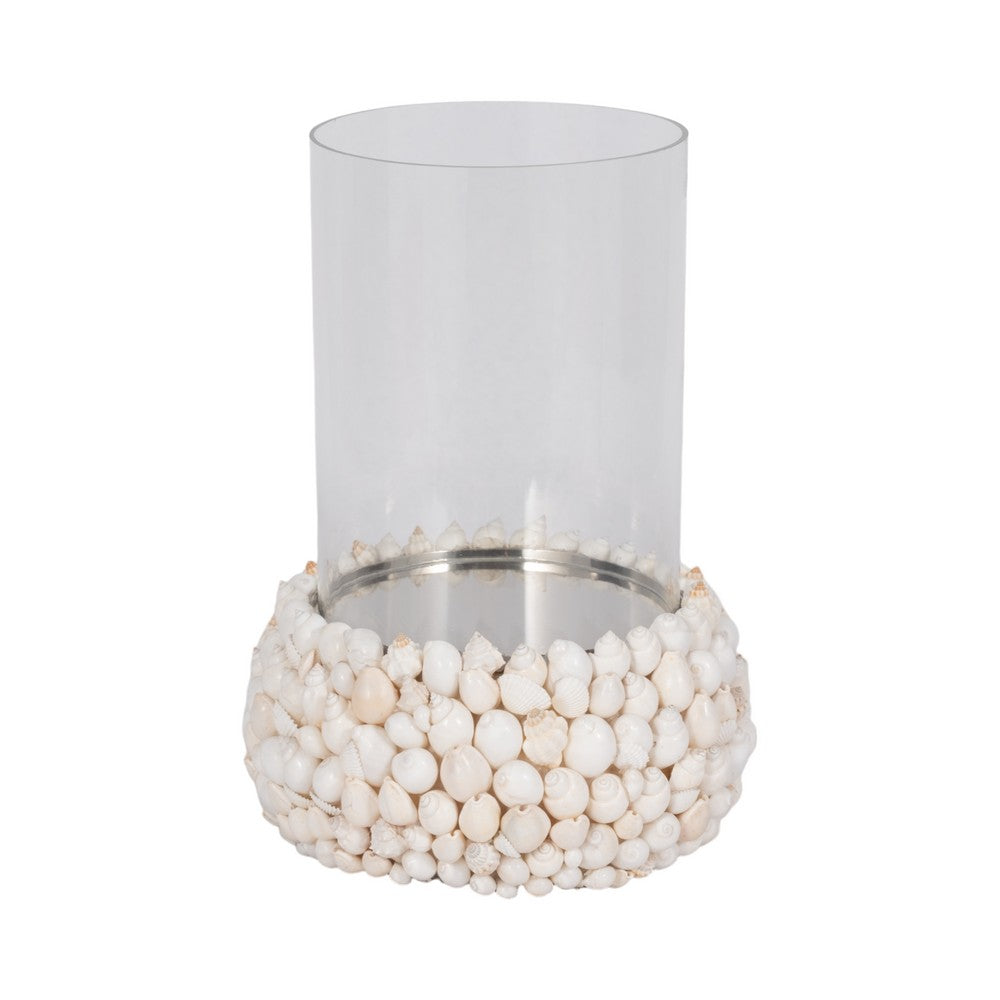 Modern Hurricane Taper Glass Candle Holder with White Shell Base | 12"