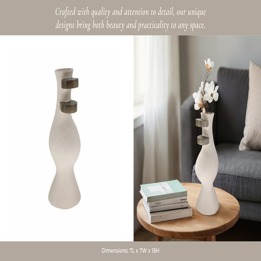 Abstract Decor Flower Vase | 18" | Ivory Ecomix w 2 Wood Accents