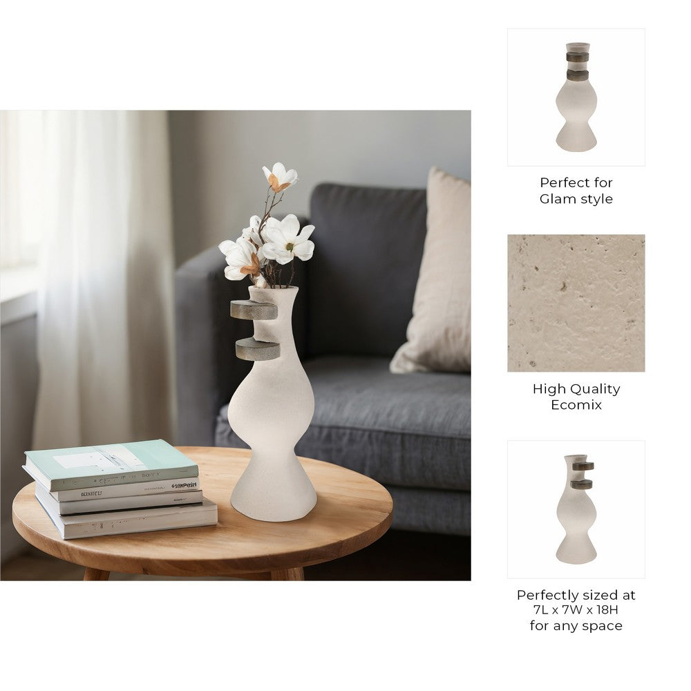 Abstract Decor Flower Vase | 18" | Ivory Ecomix w 2 Wood Accents