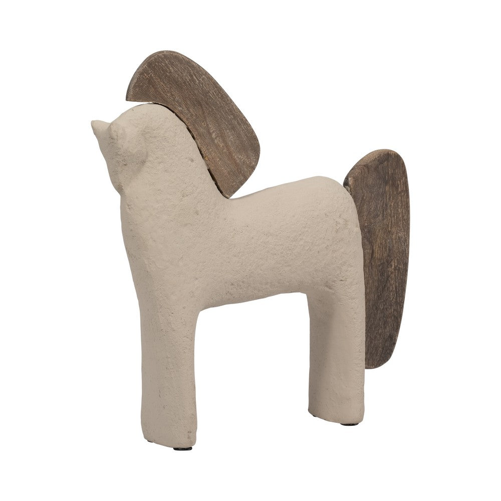 Nordic Style Horse Figurine with Brown Wood Accents | Minimalist 12" Ivory