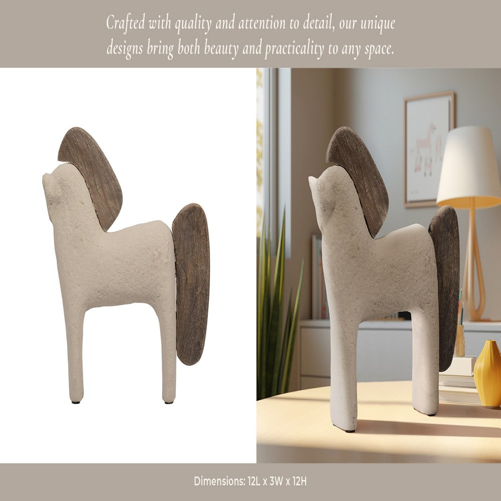 Nordic Style Horse Figurine with Brown Wood Accents | Minimalist 12" Ivory
