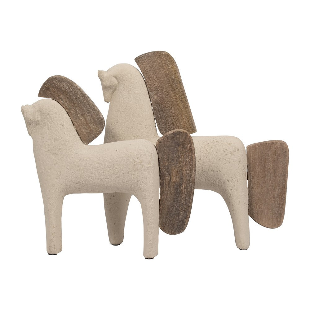 Nordic Style Horse Figurine with Brown Wood Accents | Minimalist 12" Ivory