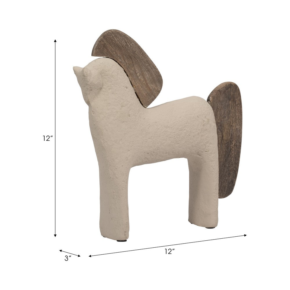 Nordic Style Horse Figurine with Brown Wood Accents | Minimalist 12" Ivory