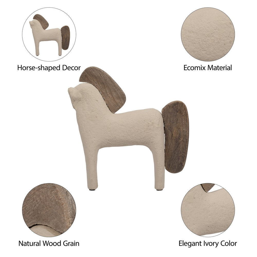 Nordic Style Horse Figurine with Brown Wood Accents | Minimalist 12" Ivory