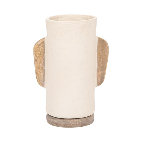 Decorative Flower Vase | Wood Handles & Base | 13" Textured Cream