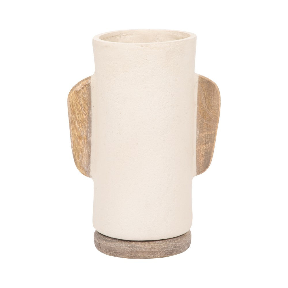 Decorative Flower Vase | Wood Handles & Base | 13" Textured Cream