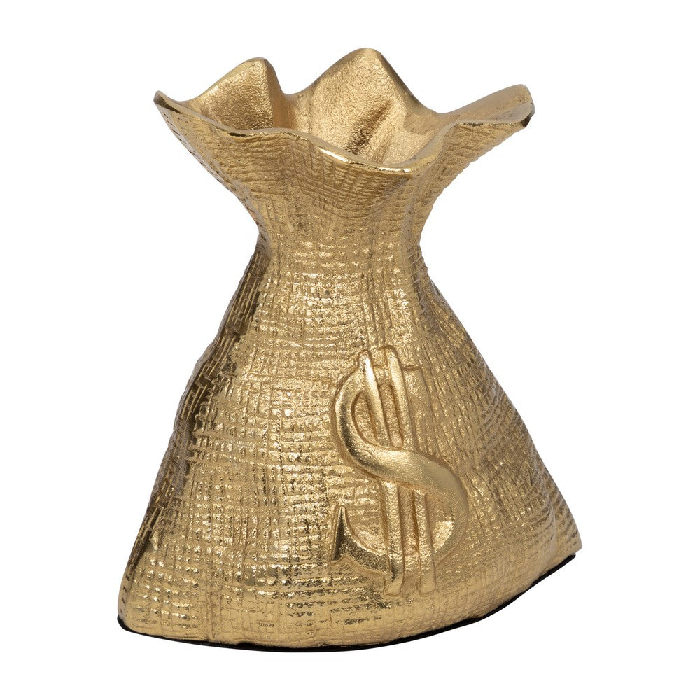 Accent Statuette 8" Metal Money Bag w Embossed Dollar Symbol | Gold
