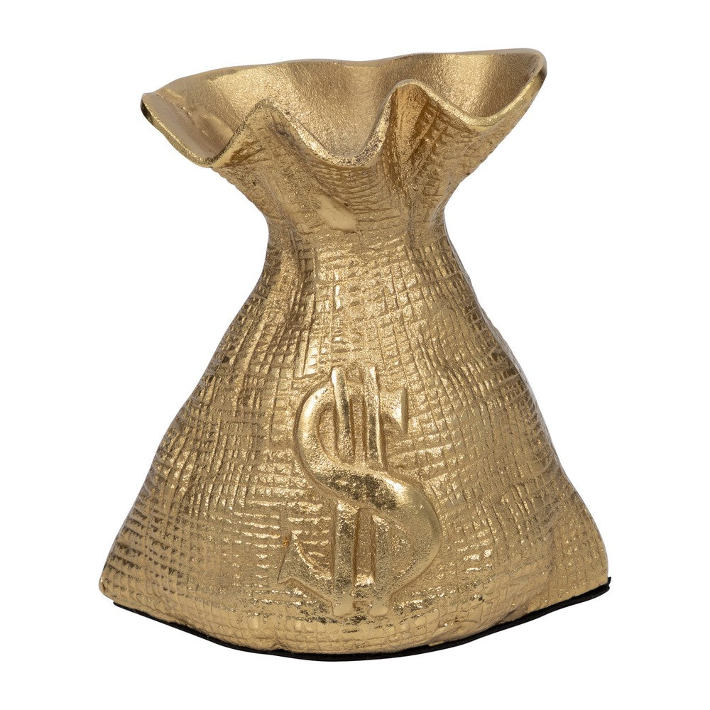 Accent Statuette 8" Metal Money Bag w Embossed Dollar Symbol | Gold