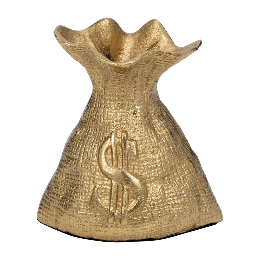 Accent Statuette 8" Metal Money Bag w Embossed Dollar Symbol | Gold