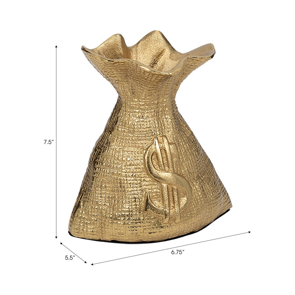 Accent Statuette 8" Metal Money Bag w Embossed Dollar Symbol | Gold