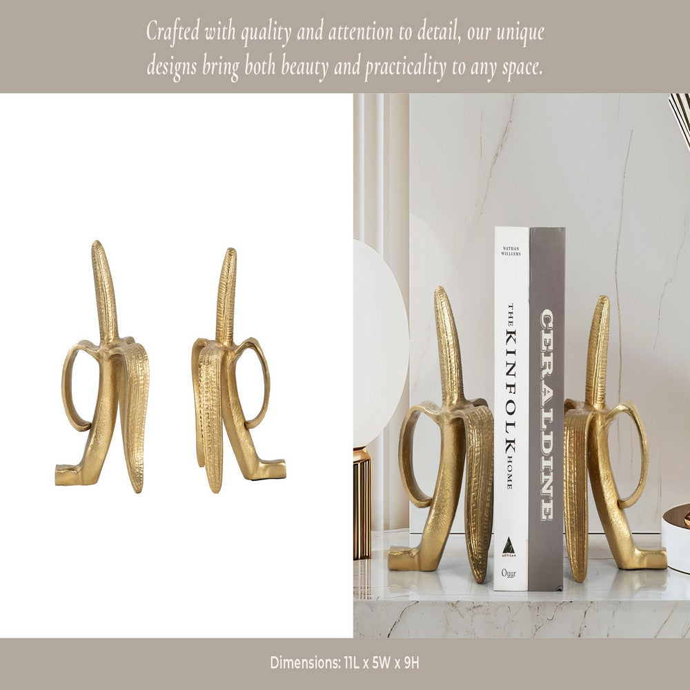 Decorative Bookend Set of 2 Peeled Bananas with Ring Handles | Gold