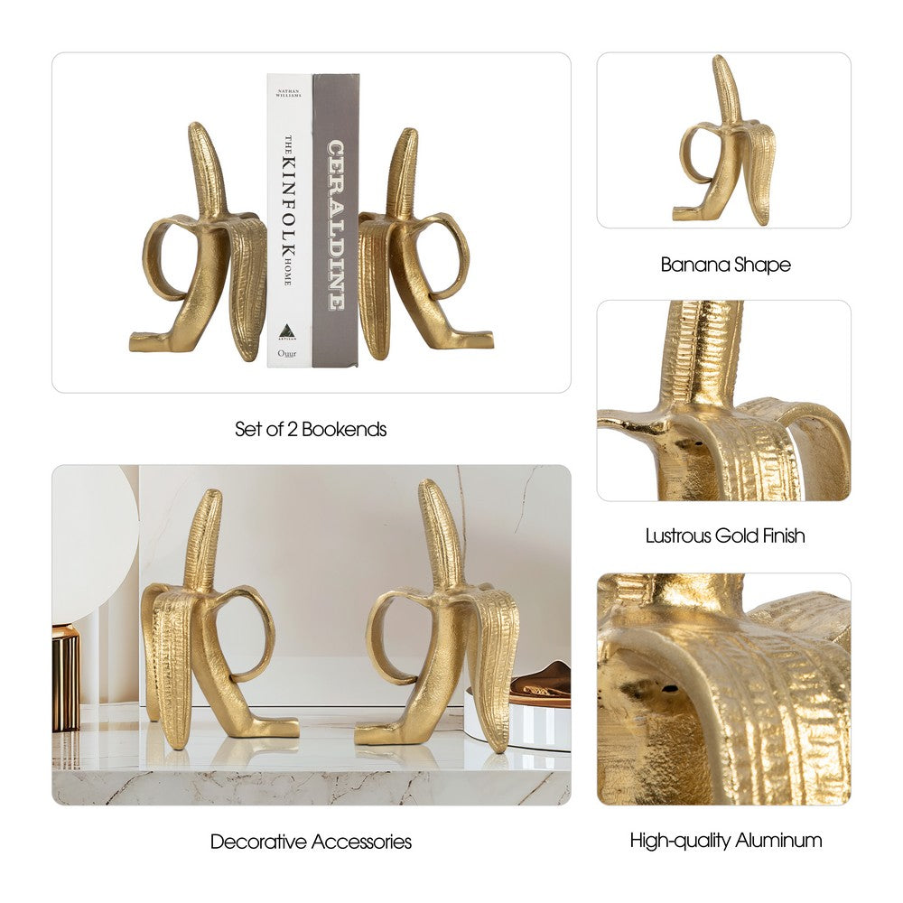 Decorative Bookend Set of 2 Peeled Bananas with Ring Handles | Gold
