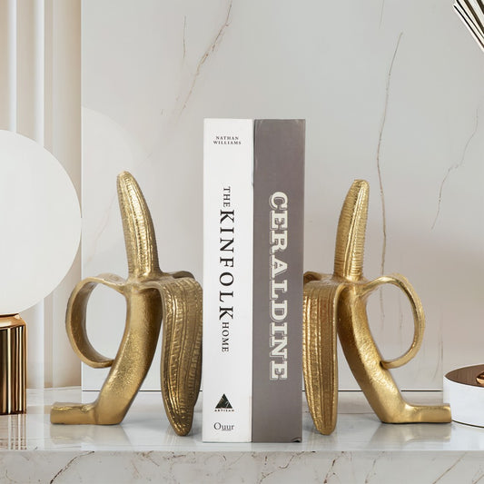 Decorative Bookend Set of 2 Peeled Bananas with Ring Handles | Gold